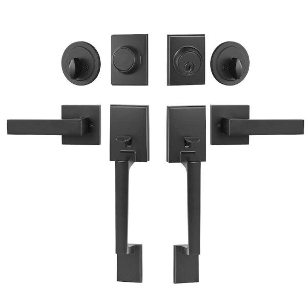 Double Door Handle Set, Matte Black Square Door Lever, Heavy Duty Double Front Door Handle Set with Dummy, Double Door Lock Set with Reversible Handle Lever, for Front Door or Office