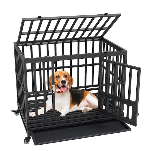 Heavy Duty Dog Crate 38 in Metal Dog Kennel with Wheels and Removable Tray