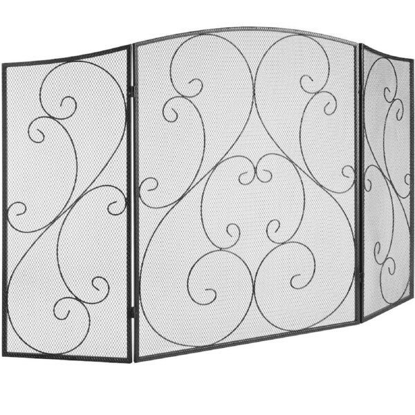 Fireplace Screen 3 Panel, Sturdy Iron Mesh Fireplace Screen, 122(L)x76.7(H)CM Spark Guard Cover, No Assembly Required, Free Standing Fireplace Fence Grate for Living Room Home Decor