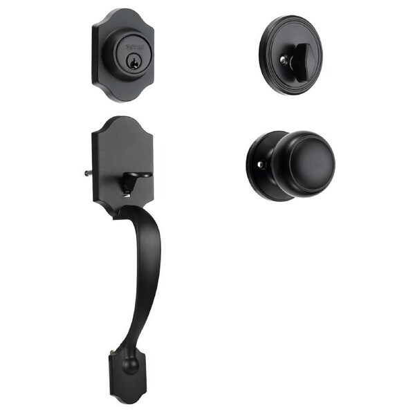 Front Door Handle and Deadbolt Set, Matte Black Front Door Lock Set with Interior Knob, Single Cylinder Handleset Adjustable Hole Spacing, for Right and Left Handed Entrance and Front