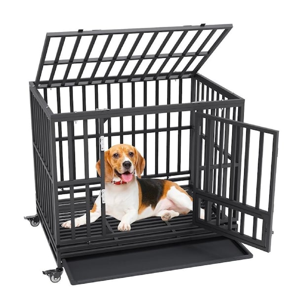 42 Inch Heavy Duty Dog Crate, Indestructible Dog Crate, 3-Door Heavy Duty Dog Kennel for Medium to Large Dogs with Lockable Wheels and Removable Tray, High Anxiety Dog Crate for Indoor &