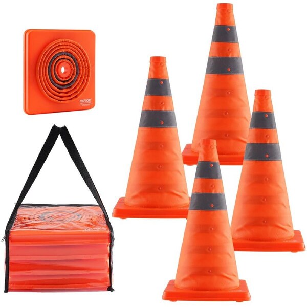 Safety Cones, 4 Pack 18 inch Collapsible Traffic Cones, Construction Cones with Reflective Collars, Wide Base and A Storage Bag, for Traffic Control, Driving Training, Parking