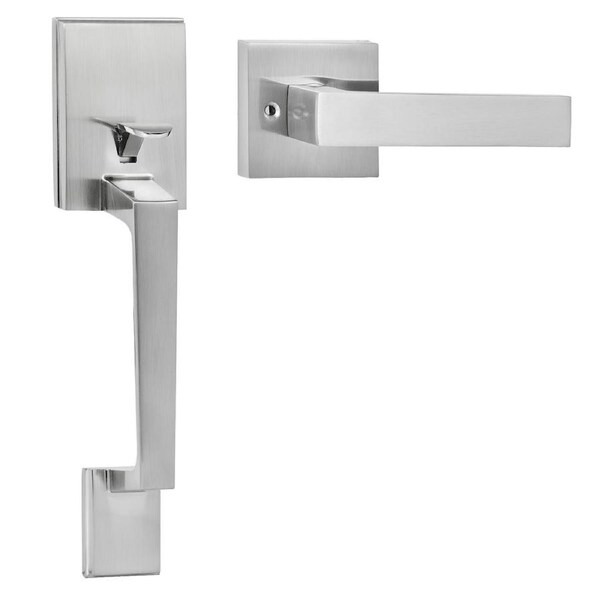 Entry Door Handle, Satin Nickel Square Handle Set with Lever Door Handle No Lock, Adjustable Hole Space, Front Door Handle with Reversible for Right and Left Handed Entrance and Front