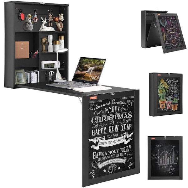 Wall Mounted Desk, Fold out Convertible Desk, Multi-Function Folding Wall Table with Chalkboard for Home Office, Space Saving Computer Desk with Storage