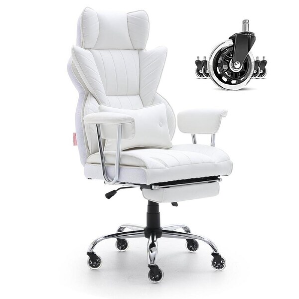 Reclining Office Chair with Footrest, Heavy Duty PU Leather Wide Office Chair, Big and Tall Executive Office Chairs with Lumbar Support, Strong Metal Base Quiet Wheels,