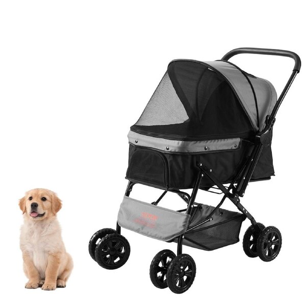 Pet Stroller, 4 Wheels Dog Stroller Rotate with Brakes, 44lbs Weight Capacity, Puppy Stroller with Reversible Handlebar, Storage Basket and Zipper, for Dogs and Cats Travel,
