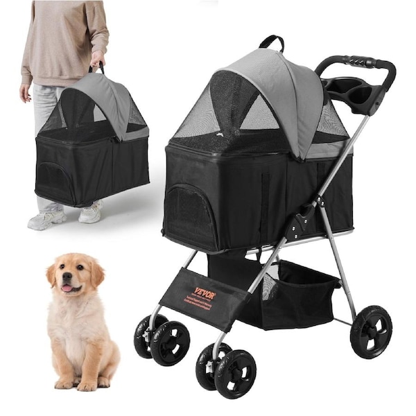Pet Stroller, 4 Wheels Dog Stroller Rotate with Brakes, 35lbs Weight Capacity, Puppy Stroller with Detachable Carrier, Storage Basket and Cup Holder, for Dogs and Cats Travel, Black+Dark