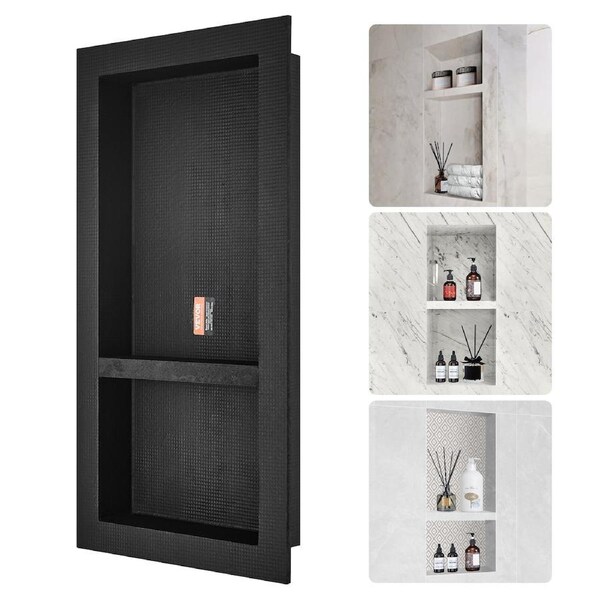 Shower Niche Ready for Tile 40.64 x 81.28 cm, 16 x 32 inch Double Shelf Organizer, Square Corners Wall-inserted Niche Recessed, Sealed Protection Modern Soap Storage Niche for Shower Bathroom,
