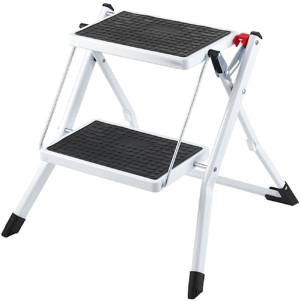 Step Ladder 2-Step 150kg Capacity, Ergonomic Folding Steel Step Stool with Wide Anti-Slip Pedal, Sturdy Step Stool for Adults Toddlers, Multi-Use for Household, Kitchen, Office,