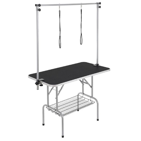 Pet Grooming Table Two Arms with Clamp, 117cm Dog Grooming Station, Foldable Pets Grooming Stand for Medium and Small Dogs, Free Two No Sit Haunch Holder with Grooming Loop, Bearing