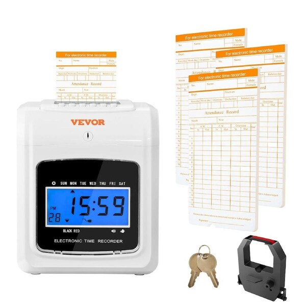Punch Time Clock, Time Tracker Machine for Employees of Small Business, 6 Punches per Day, Time Clock Punch Machine Includes 102 Time Cards, 1 Ink Ribbon and 2 Security