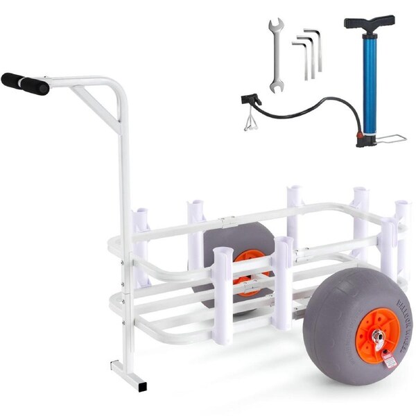 Beach Fishing Cart, 136 kg Load Capacity, Fish and Marine Cart with Two 330 mm Big Wheels PU Balloon Tires for Sand, Heavy-Duty Aluminum Pier Wagon Trolley with 8 Rod Holders for Fishing,
