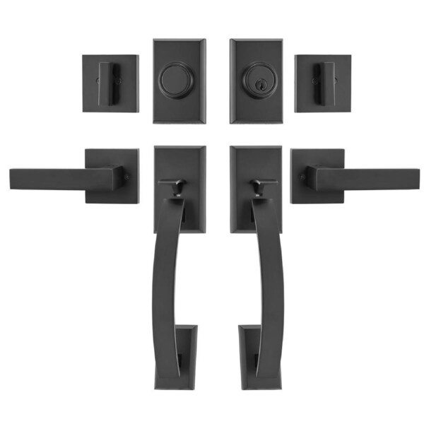 Double Door Handle Set, Matte Black Arched Door Lever, Double Front Door Handle Set with Reversible Handle Lever, Heavy Duty Double Door Lock Set with Dummy, for Office Door or Front