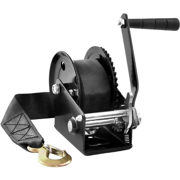 Hand Winch, 544.3 kg Pulling Capacity, Boat Trailer Winch Heavy Duty Rope Crank with 7 m Polyester Strap and Two-Way Ratchet, Manual Operated Hand Crank Winch for Trailer, Boat or ATV