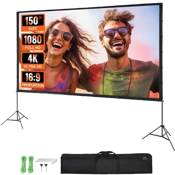 Projector Screen with Stand, 150 inch 16:9 4K 1080 HD Outdoor Movie Screen with Stand, Wrinkle-Free Projection Screen with Tripods and Carry Bag, for Home Theater Cinema Backyard Movie