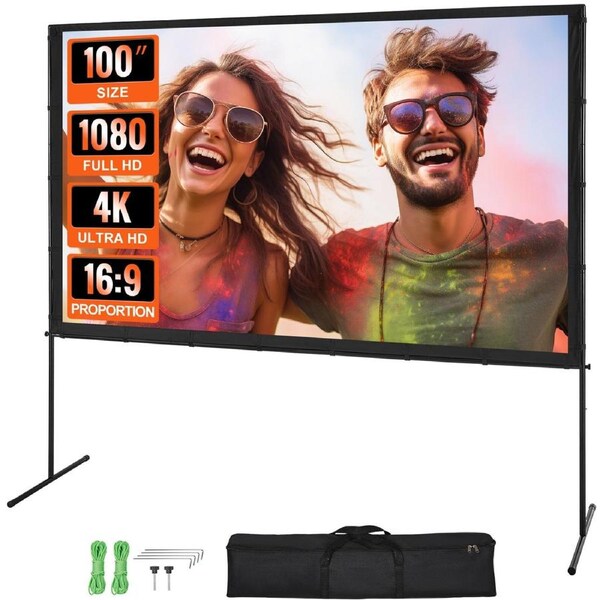 Projector Screen with Stand, 100 inch 16:9 4K 1080 HD Outdoor Movie Screen with Stand, Wrinkle-Free Projection Screen with Bar Feet and Carry Bag, for Home Theater Cinema Backyard Movie