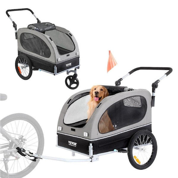 Dog Bike Trailer, Supports up to 40 kg, 2-in-1 Pet Stroller Cart Bicycle Carrier, Easy Folding Cart Frame with Quick Release Wheels, Universal Bicycle Coupler, Reflectors, Flag,
