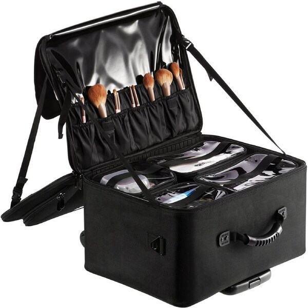 Rolling Makeup Train Case Large Storage 3 Tiers, Convenient Carry With Handle, Wheels, Strap, Professional Makeup Storage Organizer Box Make Up Carrier Waterproof Oxford,