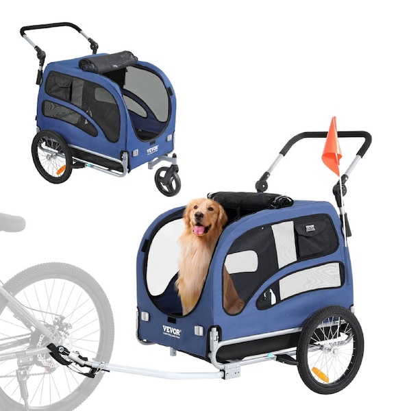 Dog Bike Trailer, Supports up to 45 kg, 2-in-1 Pet Stroller Cart Bicycle Carrier, Easy Folding Cart Frame with Quick Release Wheels, Universal Bicycle Coupler, Reflectors, Flag,