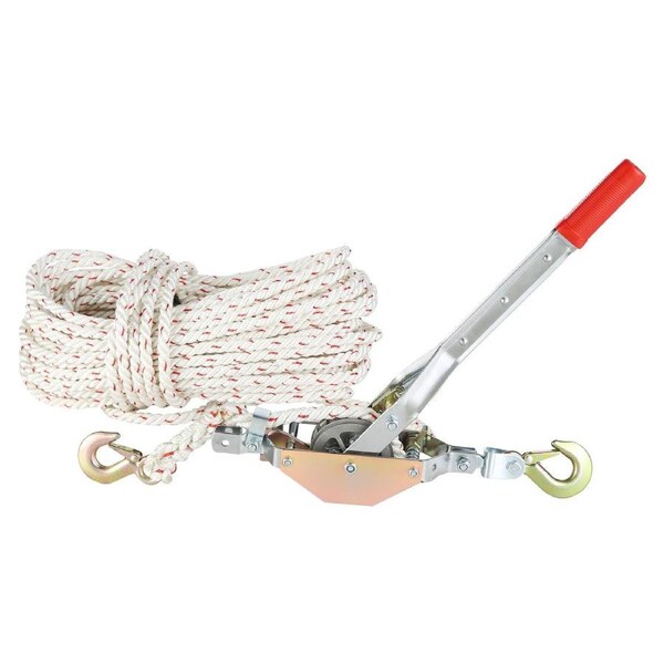 Rope Puller, 3/4 Ton Pulling Capacity, with 30.48 m of 15 mm dia. Rope, 2 Hook, Come Along Winch, Heavy Duty Ratchet Power Puller Tool for Moving Boats, Securing Items, Transporting