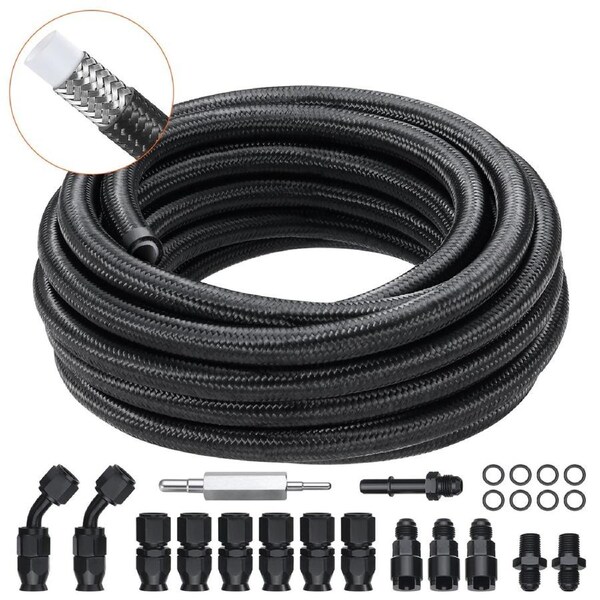 6AN Fuel Line Kit, 7.62 m Fuel Hose Kit, Nylon Stainless Steel Braided PTFE Fuel Line Kit, E85/Oil/Gas/Diesel Hose End Fitting Kit, with 15 PCS Swivel Fitting Adapter Kit,