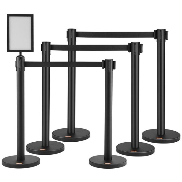 Crowd Control Stanchions, 6-Pack Crowd Control Barriers, Carbon Steel Baking Painted Stanchion Queue Post with Sign Holder & 3PCS 6.5FT Retractable Belt, Belt Barrier Line Divider, Easy
