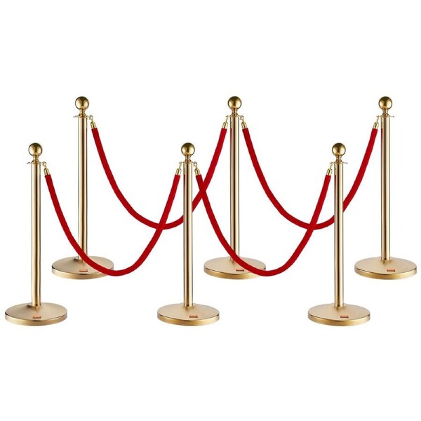 Stanchion Post with Velvet Rope, 6-Pack Crowd Control Stanchion with 4PCS 5FT Red Velvet Ropes, Stainless Steel Queue Barrier Line Divider with Fillable Base & Ball Top for Wedding Museum