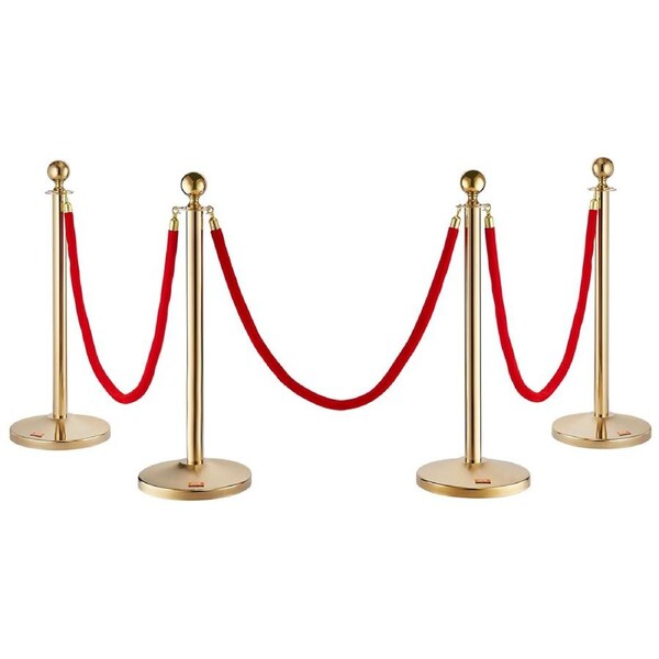 Stanchion Post with Velvet Rope, 4-Pack Crowd Control Stanchion with 3PCS 5FT Red Velvet Ropes, Stainless Steel Queue Barrier Line Divider with Fillable Base & Ball Top for Wedding Museum