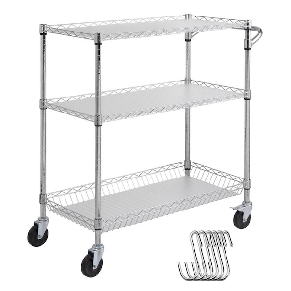 Kitchen Utility Cart, 3 Tiers, Wire Rolling Cart, Steel Service Cart on Wheels, Metal Storage Trolley with 80mm Basket Curved Handle PP Liner 6 Hooks, for Indoor and