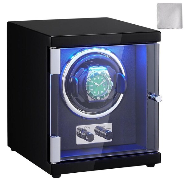 Watch Winder, Single Watch Winder for Men's and Women's Automatic Watch, with Super Quiet Japanese Mabuchi Motor, Blue LED Light and Adapter, High-Density Board Shell and Black