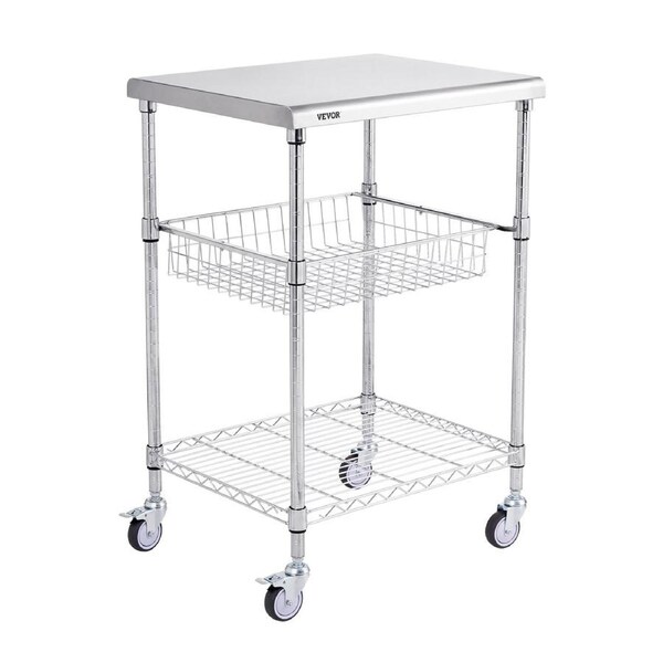 Kitchen Utility Cart, 3 Tiers, Wire Rolling Cart with 213kg Capacity, Steel Service Cart on Wheels, Metal Storage Trolley with 76mm Basket Curved Handle PP Liner 6 Hooks, for Indoor and