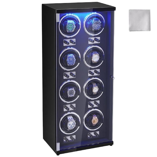 Watch Winder, Watch Winder for 8 Men's and Women's Automatic Watches, with 8 Super Quiet Japanese Mabuchi Motors, Blue LED Light and Adapter, High-Density Board Shell and Black