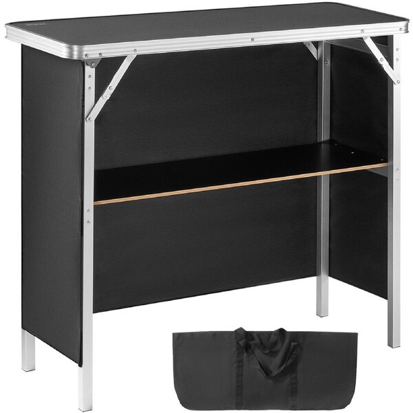 Folding Portable Bar Table, Tradeshow Podium Table for Indoor, Outdoor, Party, Picnic, Exhibition, Includes Carrying Case, Storage Shelf and Black Skirt, 38.39" x 15.16" x