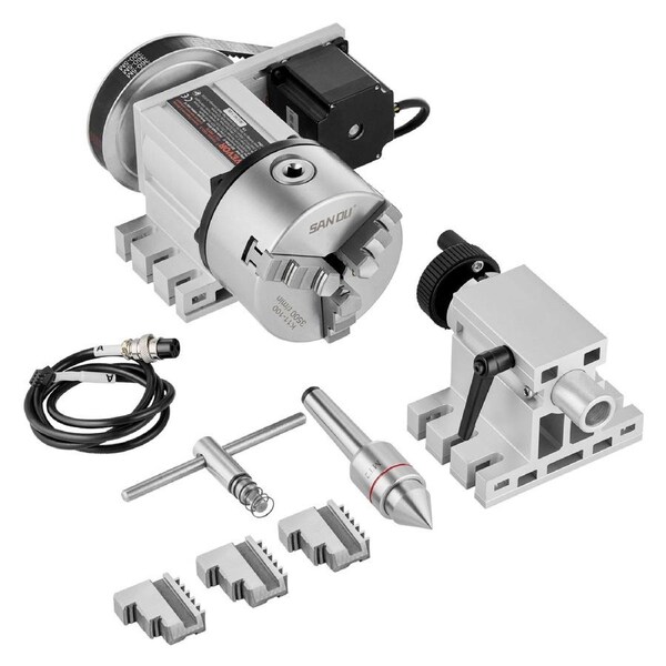 Dividing Head, K11-100mm 3-Jaw Chuck, CNC Router Milling Machine Rotational Axis 4th Axis A Axis Indexing Head, 65 mm Center Height MT2 Tailstock 6:1 Gear Ratio, Universal for