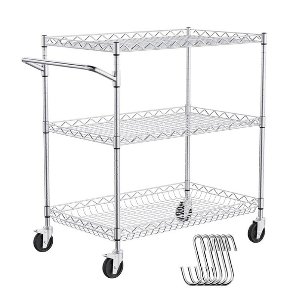 Kitchen Utility Cart, 3 Tiers, Wire Rolling Cart with 300kg Capacity, Steel Service Cart on Wheels, Metal Storage Trolley with 80mm Deep Basket Curved Handle 6 Hooks, for Indoor and Outdoor