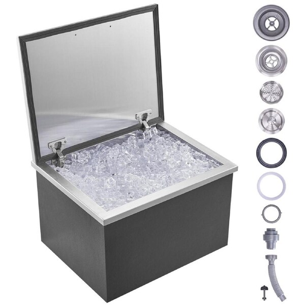 Drop in Ice Chest, 20"L x 16"W x 13"H Stainless Steel Ice Cooler, Commercial Ice Bin with Hinged Cover, 40 qt Outdoor Kitchen Ice Bar, Drain-pipe and Drain Plug Included, for Cold Wine
