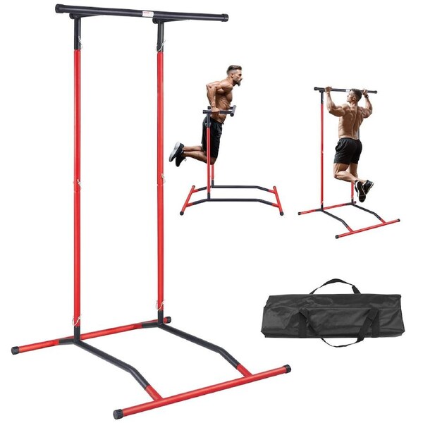 Power Tower Dip Station, 2-Level Height Adjustable Pull Up Bar Stand, Multi-Function Strength Training Workout Equipment, Home Gym Fitness Dip Bar Station, 220LBS Weight Capacity, Black &