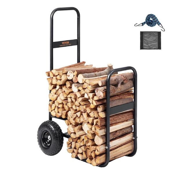 Firewood Log Cart, 113 kg Load Capacity, Outdoor and Indoor Wood Rack Storage Mover with Pneumatic Rubber Wheels, Heavy Duty Steel Dolly Hauler, Firewood Carrier for Fireplace, Fire Pit,