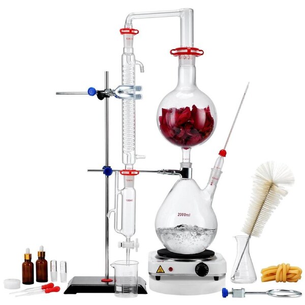 Essential Oil Distillation Kit, 2000ml Distillation Apparatus, 3.3 Boro Lab Glassware Distillation Kit with 1000W Heating Plate and 24, 40 Joint, 28 pcs