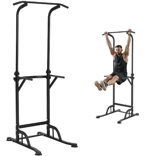 Power Tower Dip Station, 10-Level Height Adjustable Pull Up Bar Stand, Multi-Function Strength Training Workout Equipment with 4 Suction Foot Covers, Home Gym Fitness Dip Bar Station,