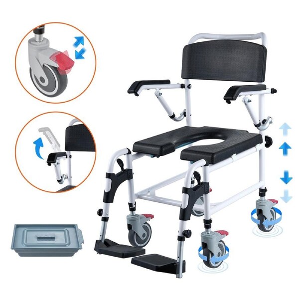 Shower Commode Wheelchair with 4 Lockable Wheels, Footrests, Flip-up Arms, 3-Level Adjustable Height, 5L Removable Bucket, 350 LBS Capacity, Commode Chair for Adults