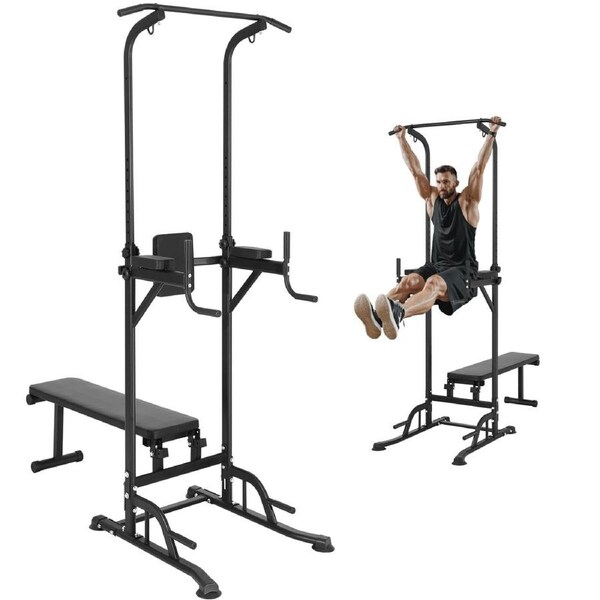 Power Tower with Bench, 10-Level Height Adjustable Pull Up Bar Stand Dip Station & Detachable Bench, Multi-Function Home Gym Strength Training Fitness Equipment with Backrest, Elbow Pads,