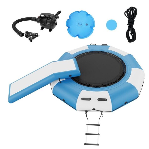 Inflatable Water Bouncer, 10ft Recreational Water Trampoline, Portable Bounce Swim Platform with Slide, 3-Step Ladder & Electric Air Pump, Kid Adult Floating Rebounder for Pool Lake Water