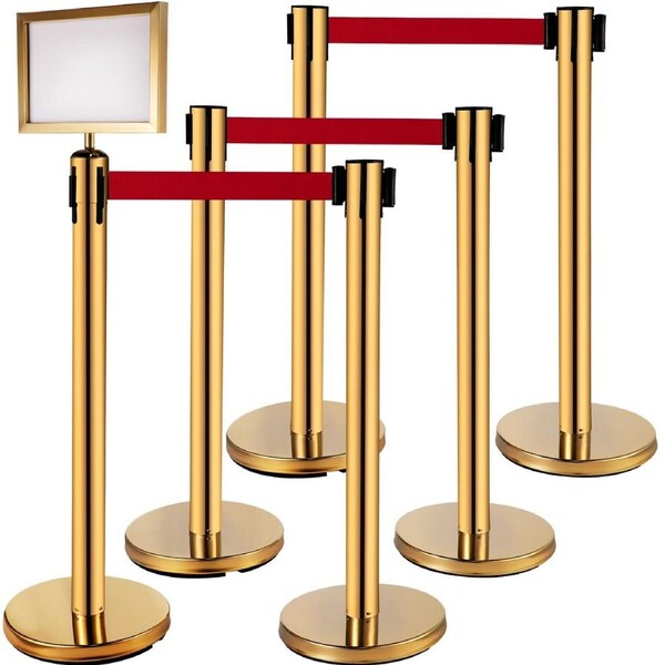 Stanchion Post Barriers 6-Set Line Dividers, Stainless Steel Stanchions with 6.6 Red Retractable Belts, Stanchions with One Sign Frame, 34.6 Queue Safety Stanchions