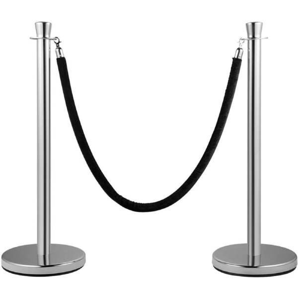 Crowd Control Stanchion, Set of 2 Pieces Stanchion Set, Stanchion Set with 5 ft/1.5 m Black Velvet Rope, Silver Crowd Control Barrier with Sturdy Concrete and Metal Base - Easy Connect