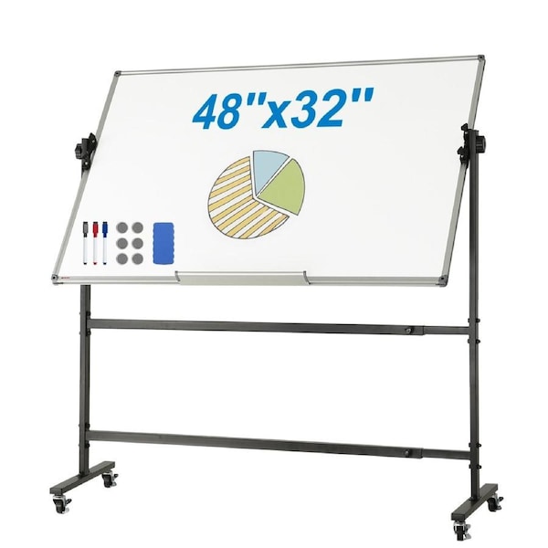 Rolling Whiteboard, 48x32 inch Double-Sided Magnetic Mobile Whiteboard, 360° Reversible Adjustable Height Dry Erase Board with Wheels & Movable Tray for Office