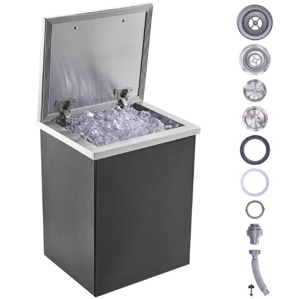Drop in Ice Chest, 14"L x 12"W x 18"H Stainless Steel Ice Cooler, Commercial Ice Bin with Hinged Cover, 40 qt Outdoor Kitchen Ice Bar, Drain-pipe and Drain Plug Included, for Cold Wine