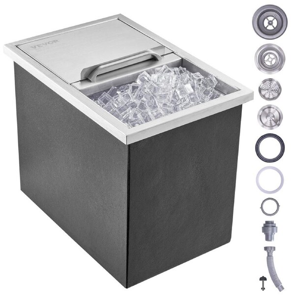 Drop in Ice Chest, 18"L x 12"W x 14.5"H Stainless Steel Ice Cooler, Commercial Ice Bin with Sliding Cover, 40.9 qt Outdoor Kitchen Ice Bar, Drain-pipe and Drain Plug Included, for Cold Wine
