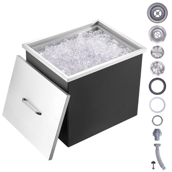 Drop in Ice Chest, 21"L x 17"W x 18"H Stainless Steel Ice Cooler, Commercial Ice Bin with Cover, 40 qt Outdoor Kitchen Ice Bar, Drain-pipe and Drain Plug Included, for Cold Wine