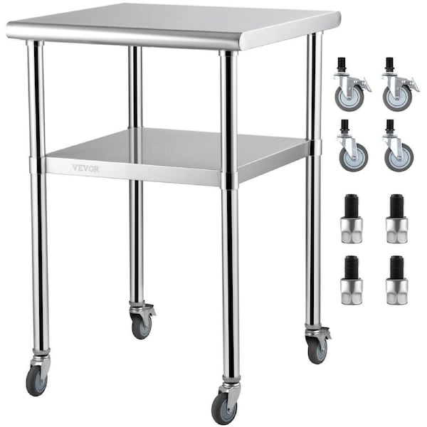 Stainless Steel Prep Table, 61 x 61 x 91.4 cm, 600lbs Load Capacity Heavy Duty Metal Worktable with Adjustable Undershelf & Universal Wheels, Commercial Workstation for Kitchen Garage